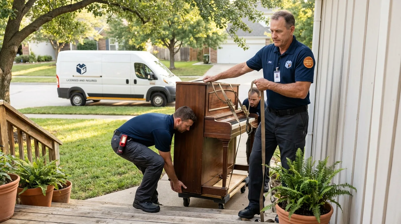 Licensed piano movers securing grand piano in Grasonville, MD