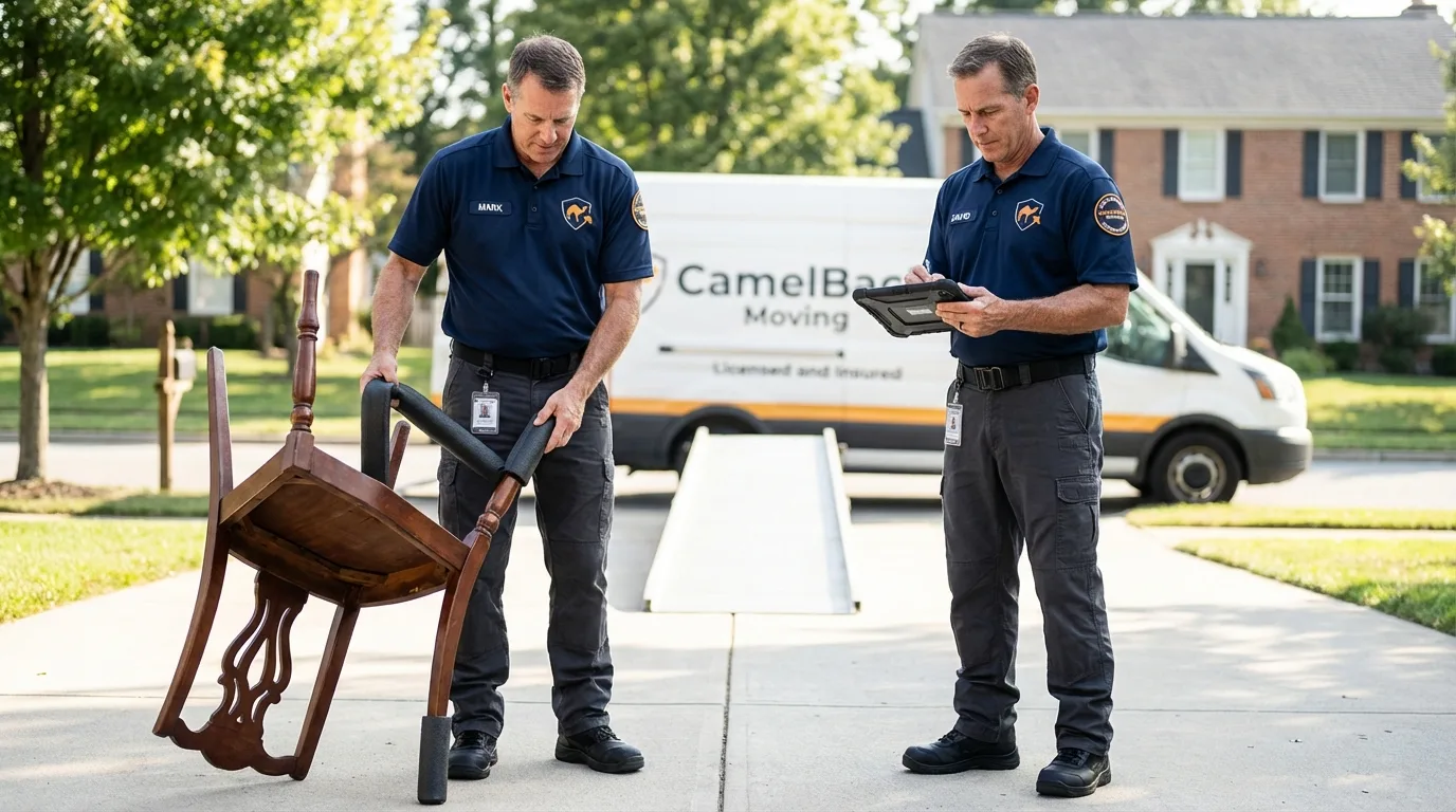 Movers inspecting furniture for damage prevention before loading in Grasonville, MD